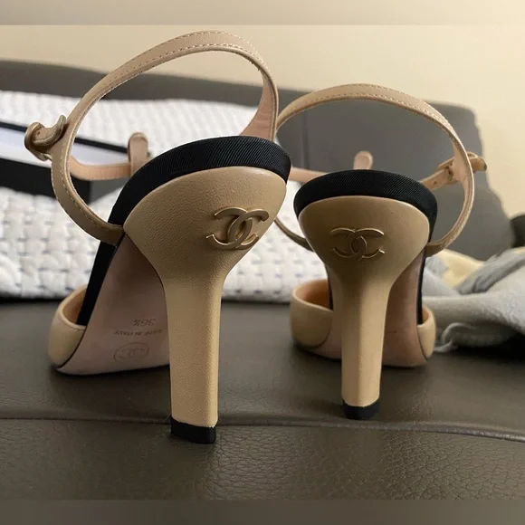 Chanel Black and Tan T-Strap Shoes w/Round Grosgrain Cap Toes and Pearl - Picture 11 of 14